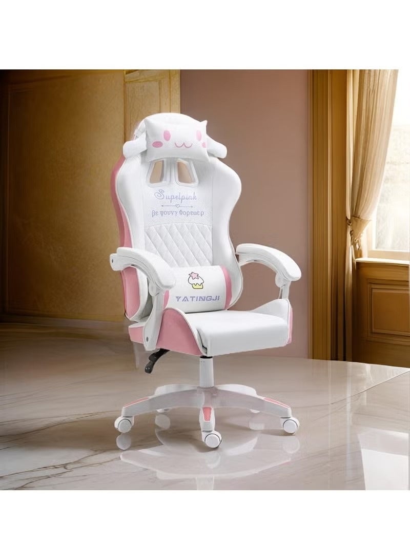 Huitich White & Pink Cartoon Gaming Chair Ergonomic Study Chair with Linked Armrests for Kids & Teens - Image 3