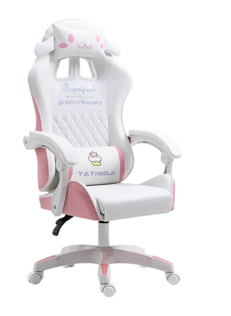 Huitich White & Pink Cartoon Gaming Chair Ergonomic Study Chair with Linked Armrests for Kids & Teens - Image 1
