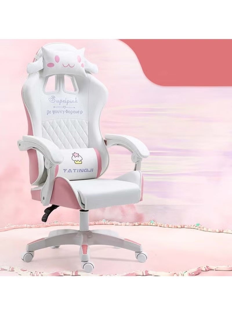 Huitich White & Pink Cartoon Gaming Chair Ergonomic Study Chair with Linked Armrests for Kids & Teens - Image 5
