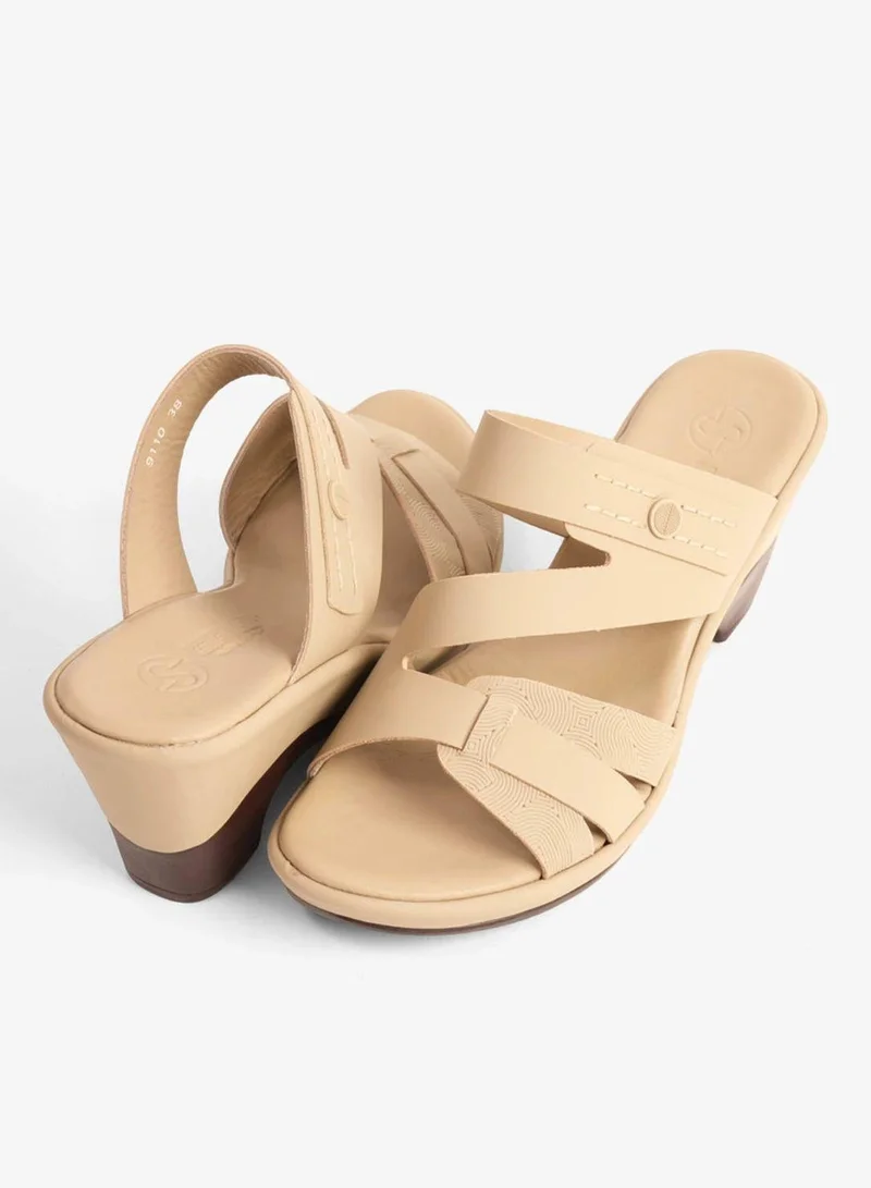 Comfort Plus  COMFORT PLUS LEATHER CUT-OUT SANDALS WITH LOW HEEL BEIGE for Women | Best Price UAE