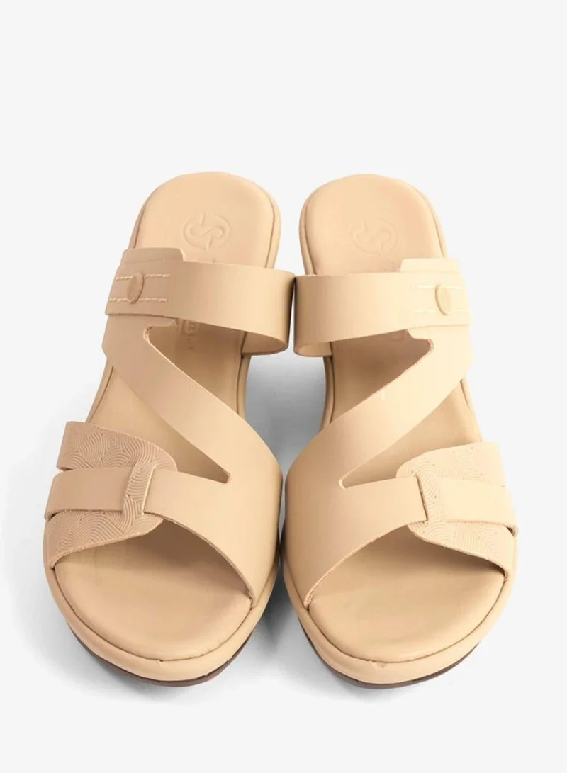 Comfort Plus  COMFORT PLUS LEATHER CUT-OUT SANDALS WITH LOW HEEL BEIGE for Women | Best Price UAE