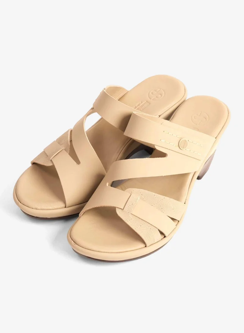 Comfort Plus  COMFORT PLUS LEATHER CUT-OUT SANDALS WITH LOW HEEL BEIGE for Women | Best Price UAE