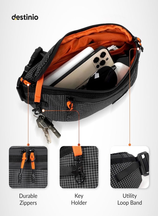 Destinio Waist Bag for Men & Women | Travel Fanny Pack Pouch with Waterproof Zippers & Back Pocket | Anti-Theft Design, Key Holder, Adjustable Strap | Hip Bag for Hiking, Gym, Passport (Orange Zipper) - Image 2
