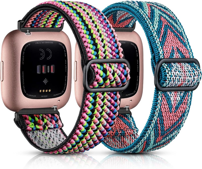 Fuleda Store Compatible with Fitbit Versa 2 /Versa/Versa Lite/Versa SE Women Men, 2 Pack Soft Adjustable Braided Nylon Breathable Sport Band for Versa Smartwatch Stretchy Wristband,Green Arrow & Colorful - Image 1