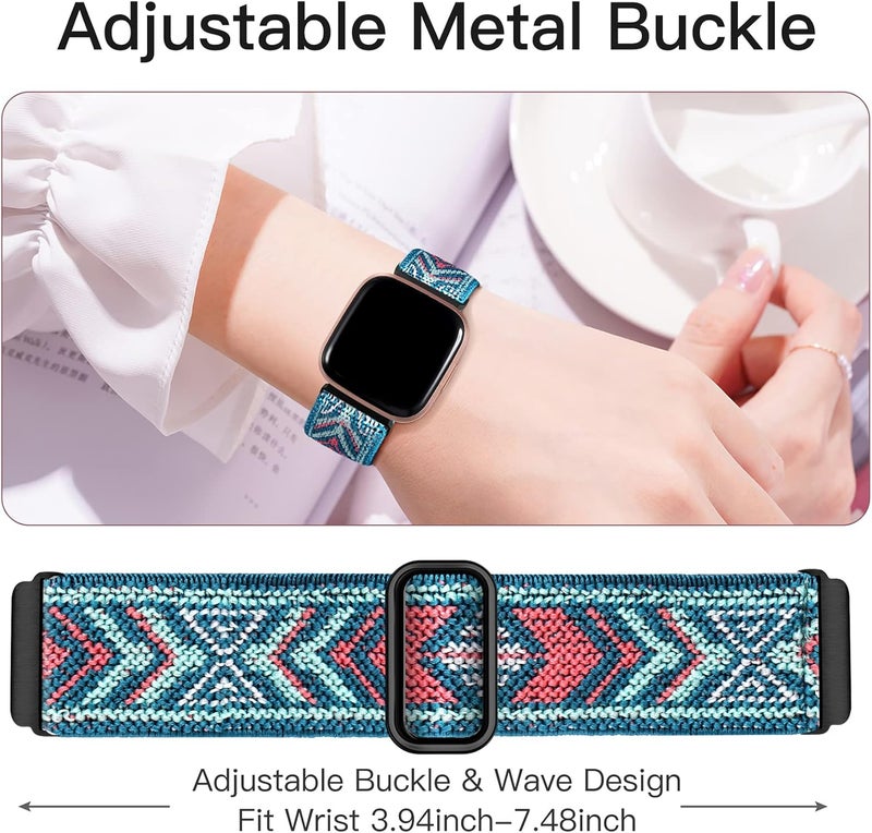 Fuleda Store Compatible with Fitbit Versa 2 /Versa/Versa Lite/Versa SE Women Men, 2 Pack Soft Adjustable Braided Nylon Breathable Sport Band for Versa Smartwatch Stretchy Wristband,Green Arrow & Colorful - Image 3