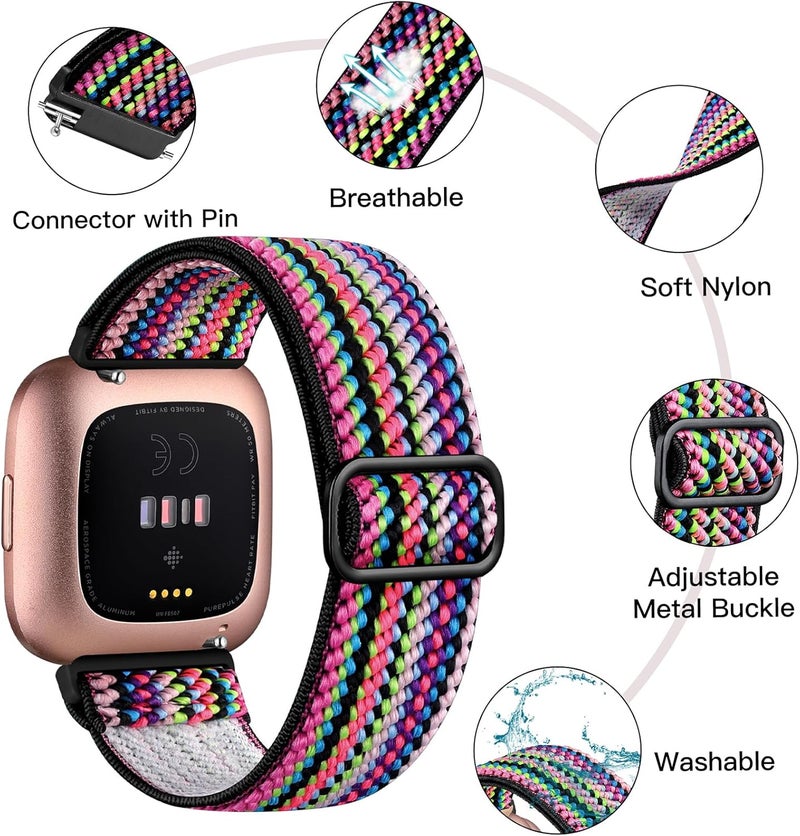 Fuleda Store Compatible with Fitbit Versa 2 /Versa/Versa Lite/Versa SE Women Men, 2 Pack Soft Adjustable Braided Nylon Breathable Sport Band for Versa Smartwatch Stretchy Wristband,Green Arrow & Colorful - Image 2