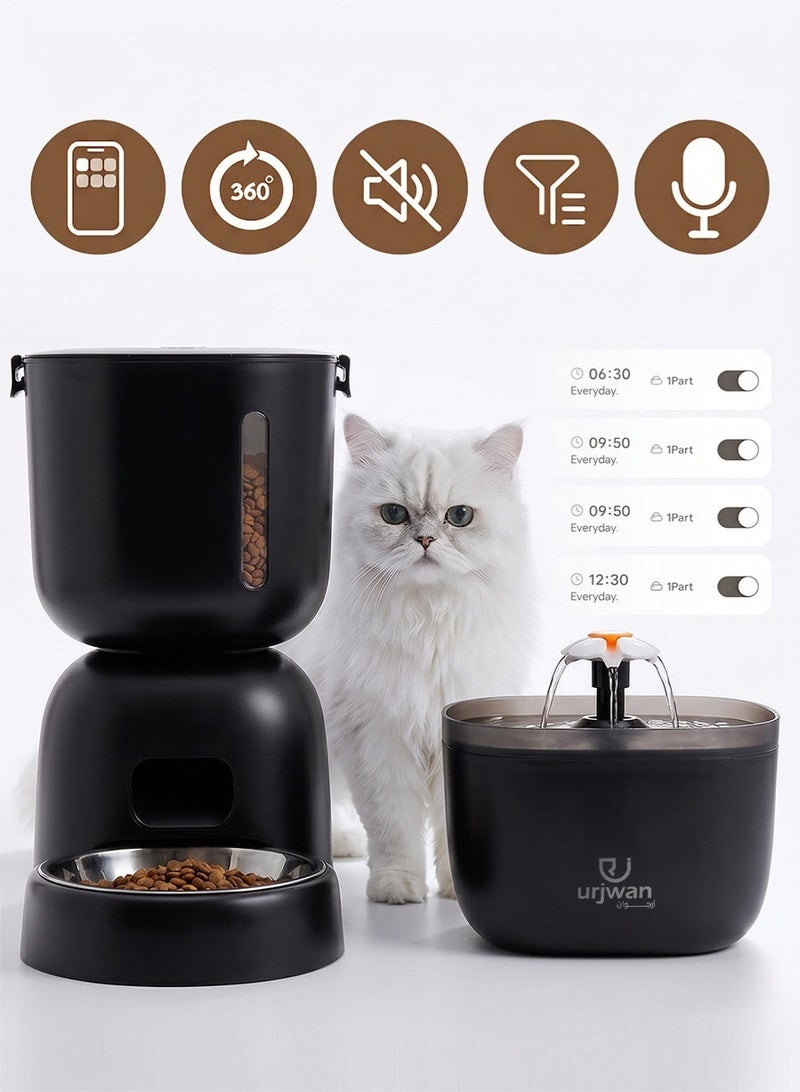 Urjwan Smart Pet Care Bundle: Automatic Feeder & Water Fountain with App Control, Voice Recording, Dual Power - Black - Image 1