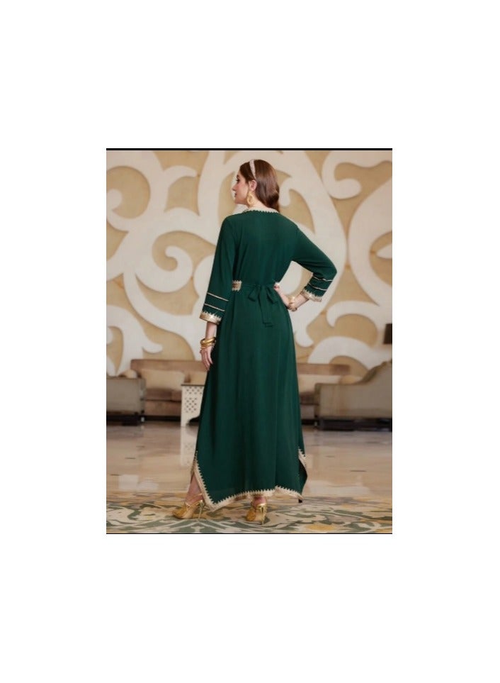 شي إن فستان النجمة النسائي بأكمام طويلة وحزام ذهبي منسوج  - Image 2