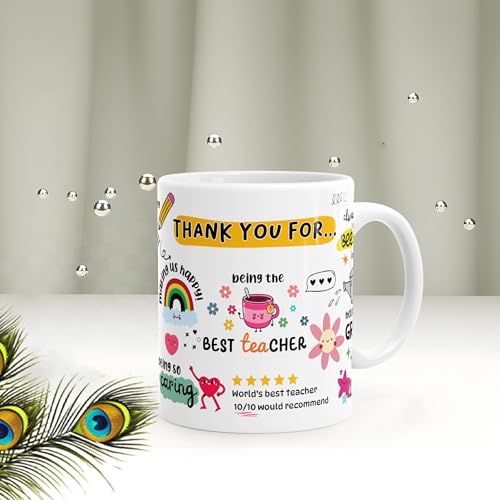 Gift Arcadia "Thank You Teacher Doodle Coffee Mug, Appreciation Mug with Lovely Messages/Gift for Teacher's Day, Birthday or Special Ocassion, Ceramic Mug Coffee/Tea Cup, Gift for Sir/Mam - 325 Ml - Image 1