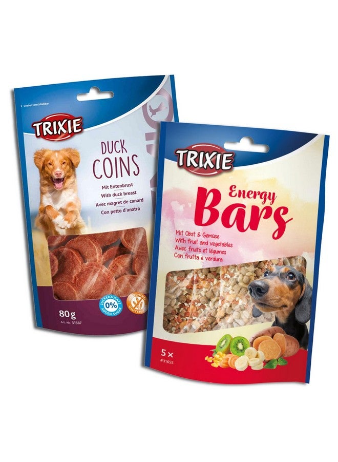 تريكسي مجموعة مكافآت الكلاب الفاخرة: قطع معدنية على شكل بط، 80 جرامًا وألواح طاقة مع فواكه وخضروات 100 جرام - وجبات خفيفة غنية بالبروتين للتدريب لجميع سلالات الكلاب - Image 1