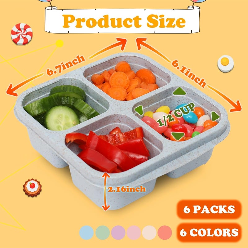 BE OVER QUALITY 6 Pack Snack Containers, 4 Compartment Divided Snack Container for Kids, Bento Snack Box for Adults, Reusable Meal Prep Lunch Containers, Microwave Safe, Small Bento Box for Work Travel - Image 2
