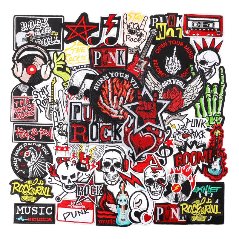 Meneng Iron On Rock Band Patches for Clothing: Meneng 45Pcs Assorted Cool Punk Embroidered Patch for DIY Crafts - Vintage Skull Metal Music Sew On Appliques for Jackets Vests Hats Backpacks Shirts - Image 1