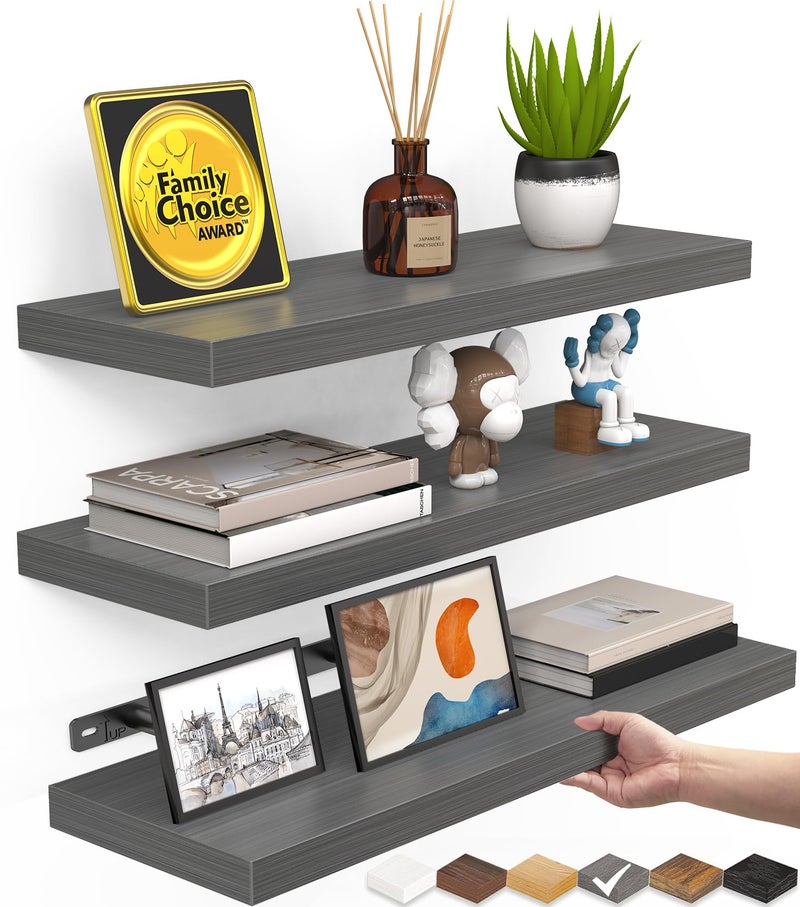 BAYKA Grey Floating Shelves for Wall, Wall Mounted Rustic Wood Shelves for Bathroom, Bedroom, Living Room, Kitchen,Small Hanging Shelf for Books/Storage/Room Decor (Set of 3, 15.7in) - Image 1