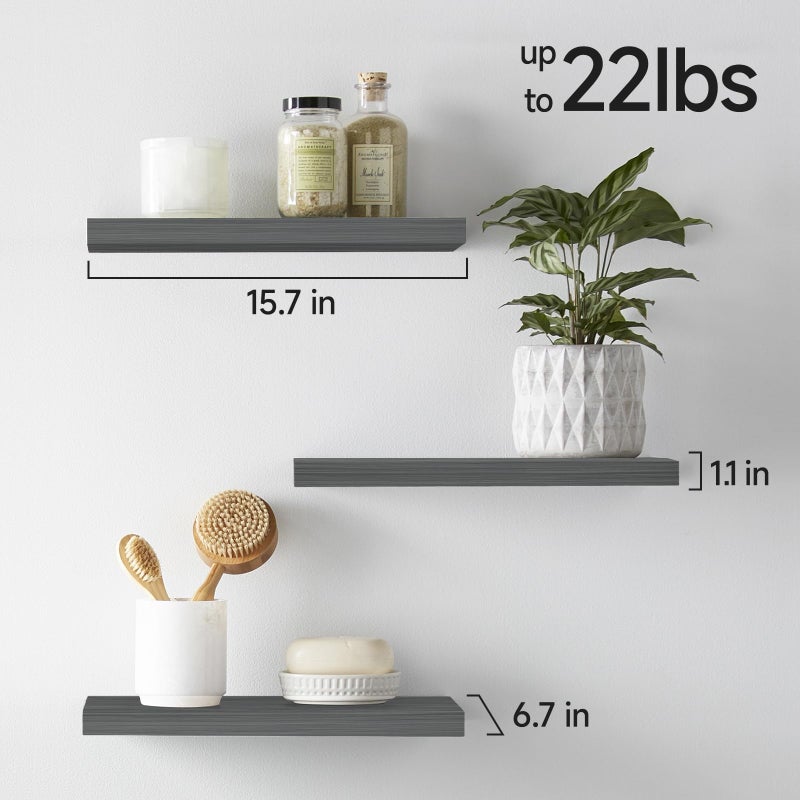 BAYKA Grey Floating Shelves for Wall, Wall Mounted Rustic Wood Shelves for Bathroom, Bedroom, Living Room, Kitchen,Small Hanging Shelf for Books/Storage/Room Decor (Set of 3, 15.7in) - Image 5