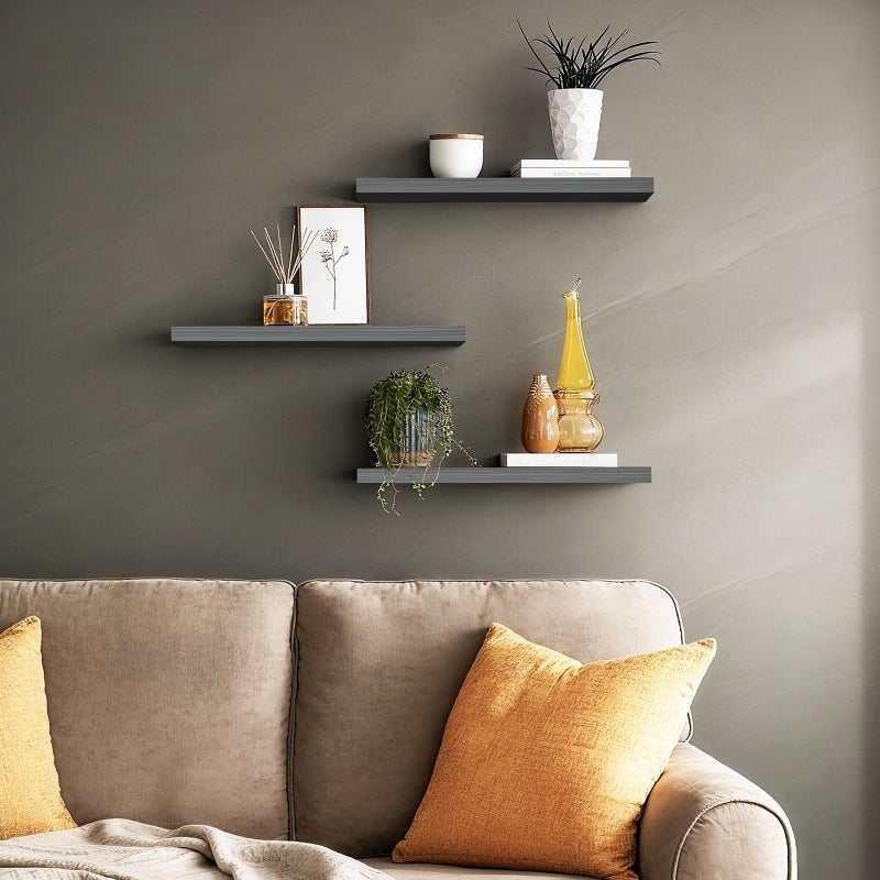 BAYKA Grey Floating Shelves for Wall, Wall Mounted Rustic Wood Shelves for Bathroom, Bedroom, Living Room, Kitchen,Small Hanging Shelf for Books/Storage/Room Decor (Set of 3, 15.7in) - Image 2