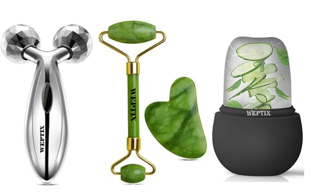 WEPTIX® 3D Manual Roller Face Body Massager With And Anti Aging 100% Natural Jade Stone Roller Msagger With Gua Sha Tools for Face and Body Massager- (3D+ Stone+New black) - Image 1