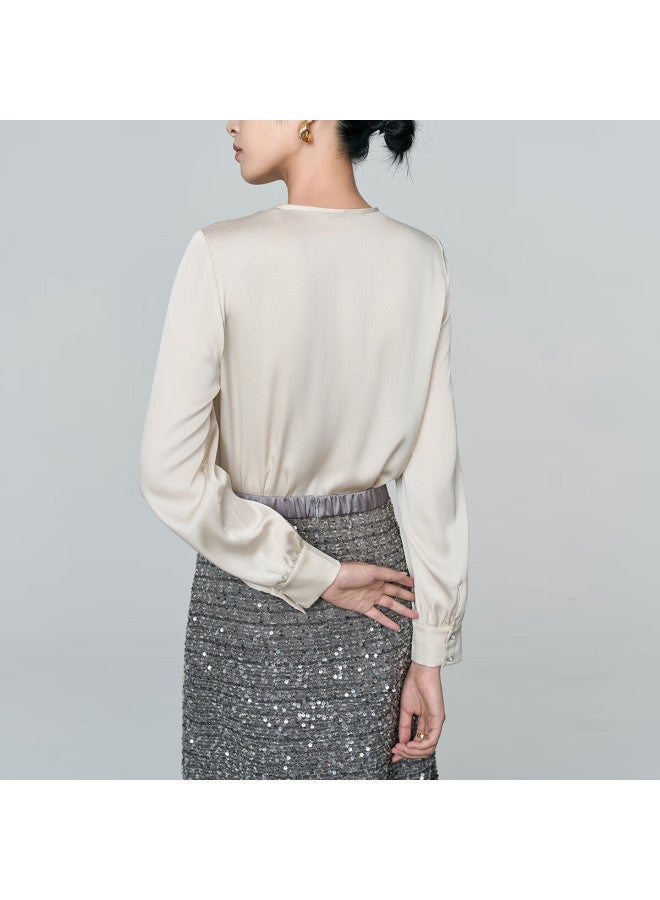 Yanyee Elegant Women's Blouse, Spring Commuter Top, Round Neck Long-sleeve Shirt For Women, Apricot Color, XL Size - Image 2