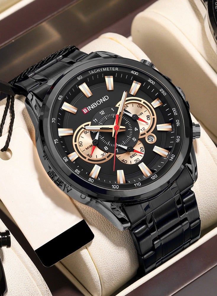 بينبوند ساعة BINBOND للرجال فاخرة من الكوارتز مناسبة للتجمعات الرياضية والأعمال مقاومة للماء من الفولاذ المقاوم للصدأ بمينا صغيرة مزخرفة باللون الأسود ساعات كوارتز للرجال - Image 1