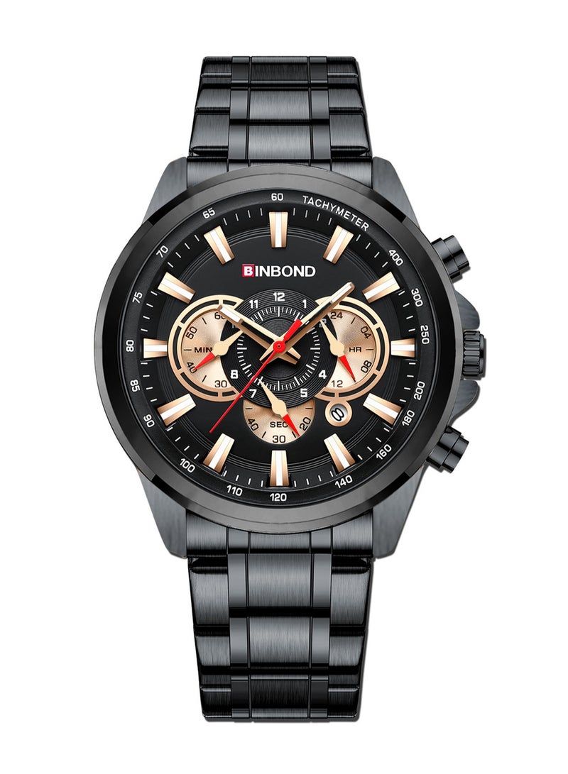 بينبوند ساعة BINBOND للرجال فاخرة من الكوارتز مناسبة للتجمعات الرياضية والأعمال مقاومة للماء من الفولاذ المقاوم للصدأ بمينا صغيرة مزخرفة باللون الأسود ساعات كوارتز للرجال - Image 2