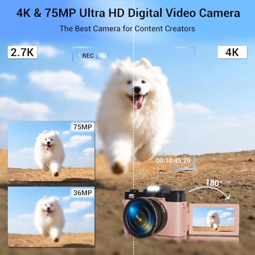 SMARTKLIK 4K Digital Camera for Photography, 75MP WiFi Vlogging Camera for YouTube, 3" 180° Flip Screen Point and Shoot Camera with 64GB SD Card, Anti-Shak & 2 Batteries, Compact Travel Camera for Beginners - Image 2