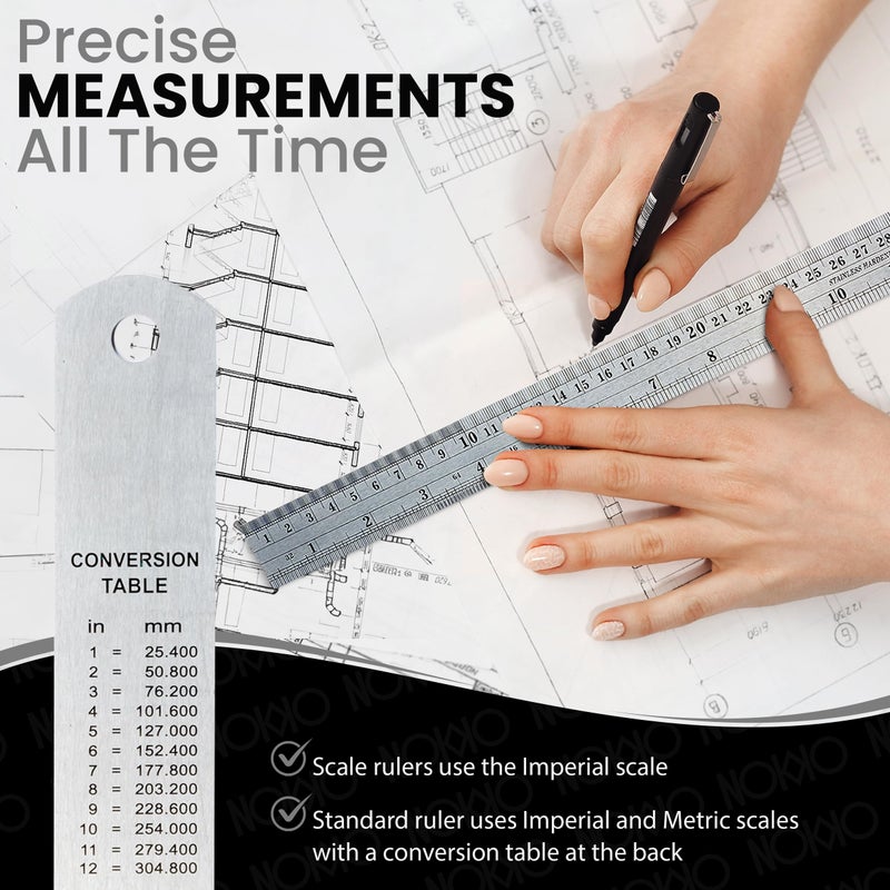 NOKKO 12 Inch Architectural and Engineering Scale Ruler Set - Professional Architect and Engineer Scale Rulers for Drafting, Architects, Engineers, Construction, Students, Metal Ruler 12 Inch Included - Image 4