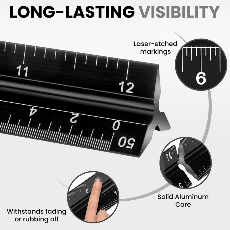 NOKKO 12 Inch Architectural and Engineering Scale Ruler Set - Professional Architect and Engineer Scale Rulers for Drafting, Architects, Engineers, Construction, Students, Metal Ruler 12 Inch Included - Image 3