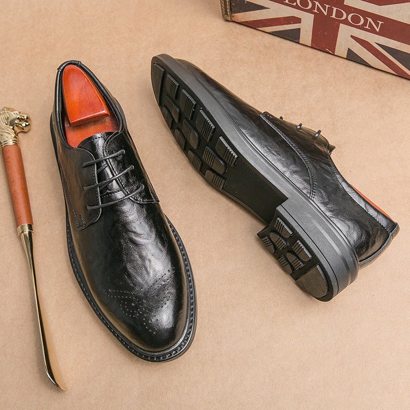 Men'S Shoes Youth Casual Shoes Fashion Hand Grip Pattern Brogue Carved Leather Shoes Pointed Leather Shoes Korean Style Thick Bottom Fashion Shoes - Image 3