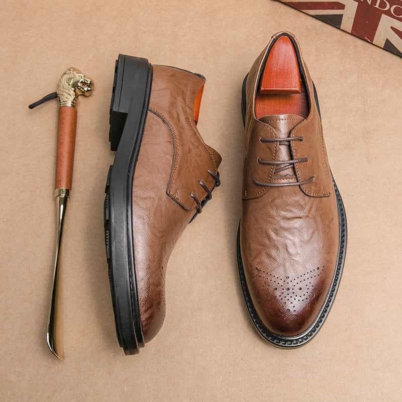 Men'S Shoes Youth Casual Shoes Fashion Hand Grip Pattern Brogue Carved Leather Shoes Pointed Leather Shoes Korean Style Thick Bottom Fashion Shoes - Image 5