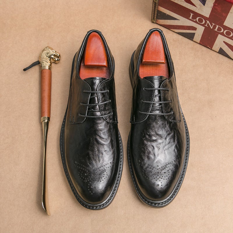 Men'S Shoes Youth Casual Shoes Fashion Hand Grip Pattern Brogue Carved Leather Shoes Pointed Leather Shoes Korean Style Thick Bottom Fashion Shoes - Image 1