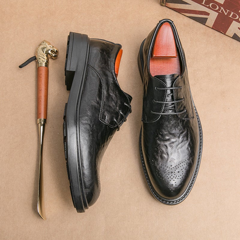 Men'S Shoes Youth Casual Shoes Fashion Hand Grip Pattern Brogue Carved Leather Shoes Pointed Leather Shoes Korean Style Thick Bottom Fashion Shoes - Image 2