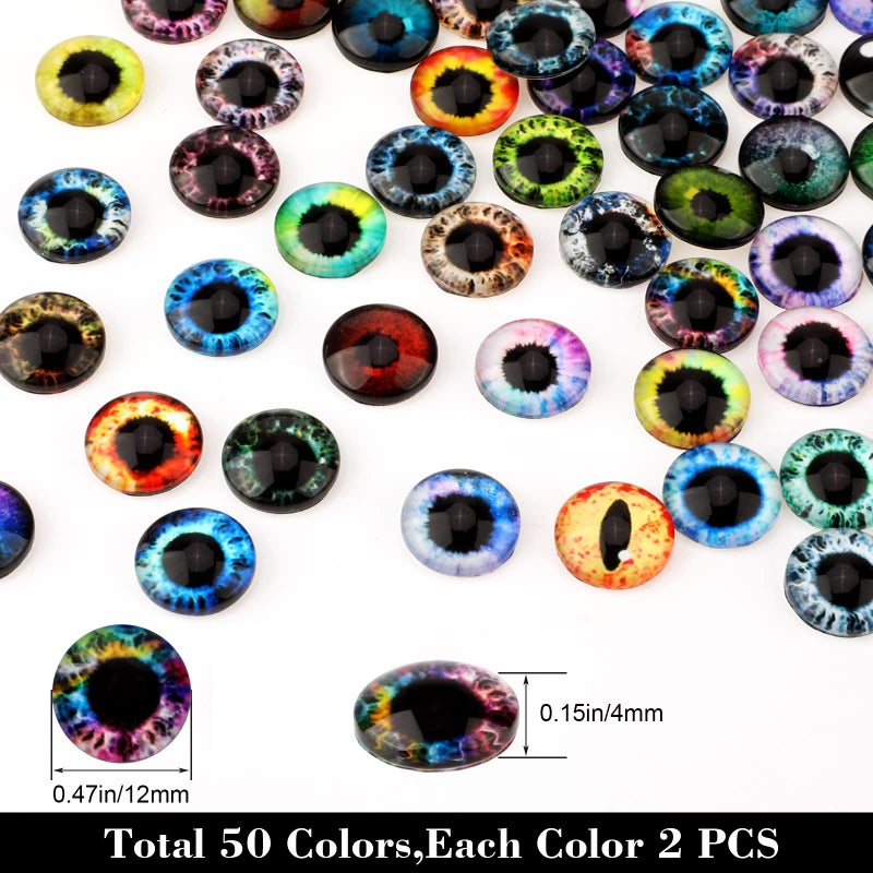 MWOOT 100 Pcs 12MM Glass Eyes Cabochon Dragon Eyes, Colorful Glass Eyes for Crafts, 50 Style Rabbit Cat Owl Bird Human Pupil Eyes for Doll Art Making Jewelry DIY Craft Halloween Easter Decoration - Image 2