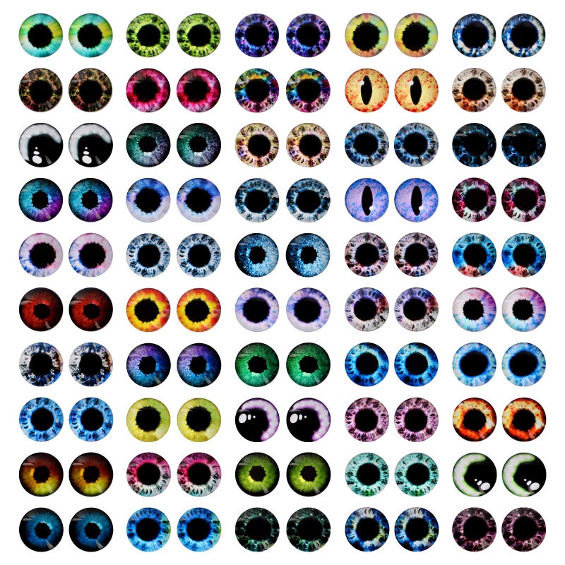 MWOOT 100 Pcs 12MM Glass Eyes Cabochon Dragon Eyes, Colorful Glass Eyes for Crafts, 50 Style Rabbit Cat Owl Bird Human Pupil Eyes for Doll Art Making Jewelry DIY Craft Halloween Easter Decoration - Image 1