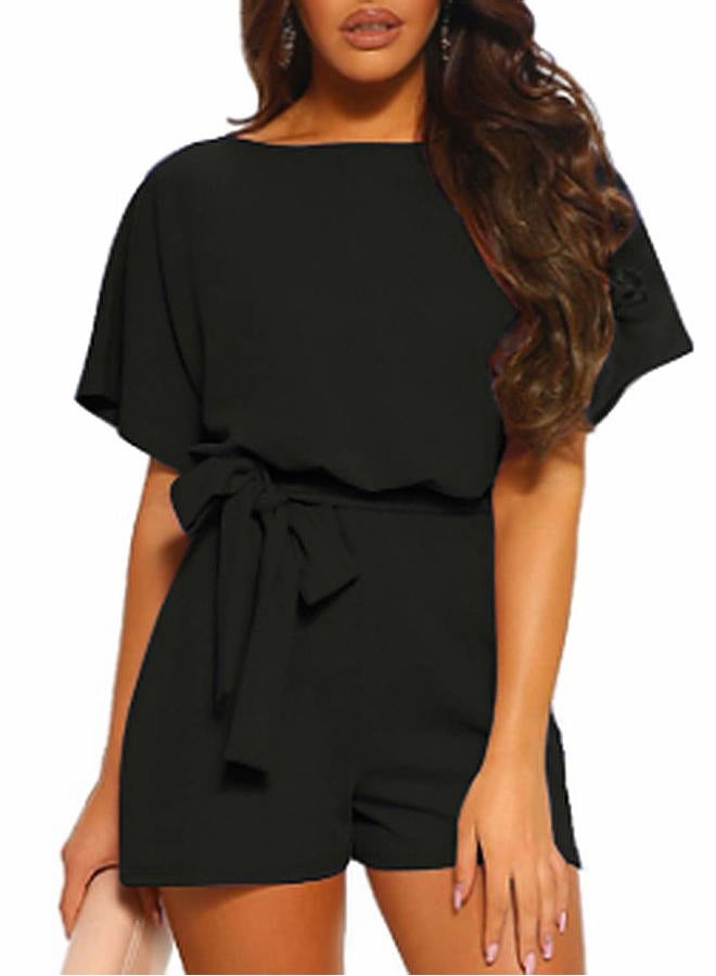Vetinee Womens Summer Belted Romper Keyhole Back Short Sleeve Jumpsuit Playsuit, B-black, L - Image 4