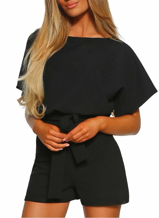Vetinee Womens Summer Belted Romper Keyhole Back Short Sleeve Jumpsuit Playsuit, B-black, L - Image 3