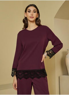 Styli Lace Insert Top & Wide Leg Pants Modest Set  - Image 2