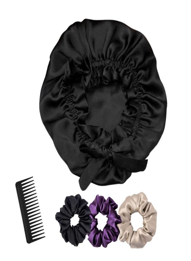 Atrube Silk Bonnet With 3 Premium Scrunchies, Adjustable Hair Cap for Sleeping, Curly Hair Ribbon Tie Band, Satin Wrap (Black) - Image 1