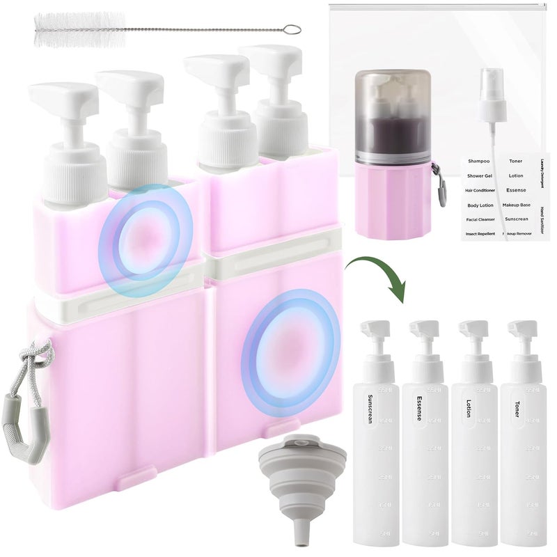 SESENSE 4-in-1 Travel Bottles for Toiletries, TSA Approved Travel Size Toiletries, Leak Proof Refillable Travel Size Shampoo and Conditioner Sets with Wall-Mountable Suction Cup, Pink - Image 1