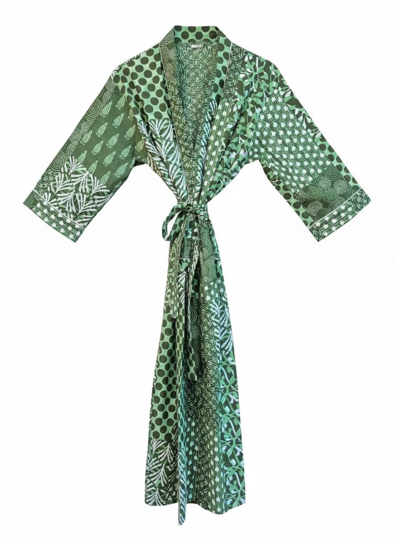 COTSILER Cotton Block Print Kimono Robe for Women Long Bathrobe with Belt & Pockets Soft Lightweight Nightwear Spa,Lounge or Cover-Up (US, Alpha, One Size, Regular, Regular, Design 27) - Image 1