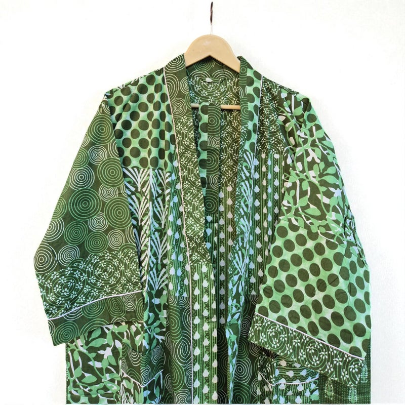 COTSILER Cotton Block Print Kimono Robe for Women Long Bathrobe with Belt & Pockets Soft Lightweight Nightwear Spa,Lounge or Cover-Up (US, Alpha, One Size, Regular, Regular, Design 27) - Image 3