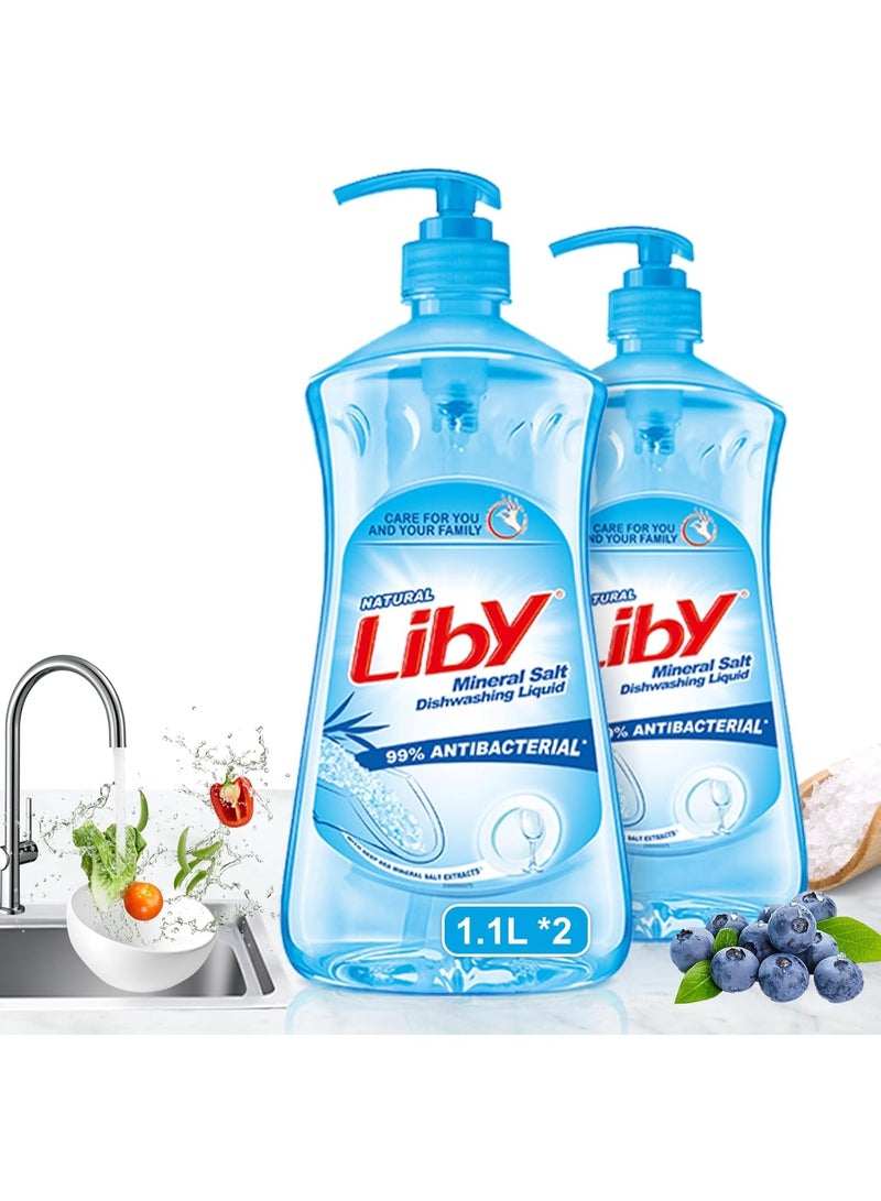 صابون سائل لغسيل الصحون ، صحن ملح معدني سائل نظيف - مضاد للبكتيريا ، مستخلصات ملح البحر العميق ، صيغة مركزة فائقة ، آمنة للفواكه والخضروات ، إزالة الدهون القوية ، شطف سهل ، طازجة ونظيفية (1.1L * 2) - Image 1