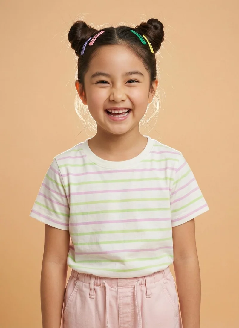 Nautinati Nautinati Girls' 100% Cotton Pack of 2 Solid and striped Essentials Crew Neck T-shirts