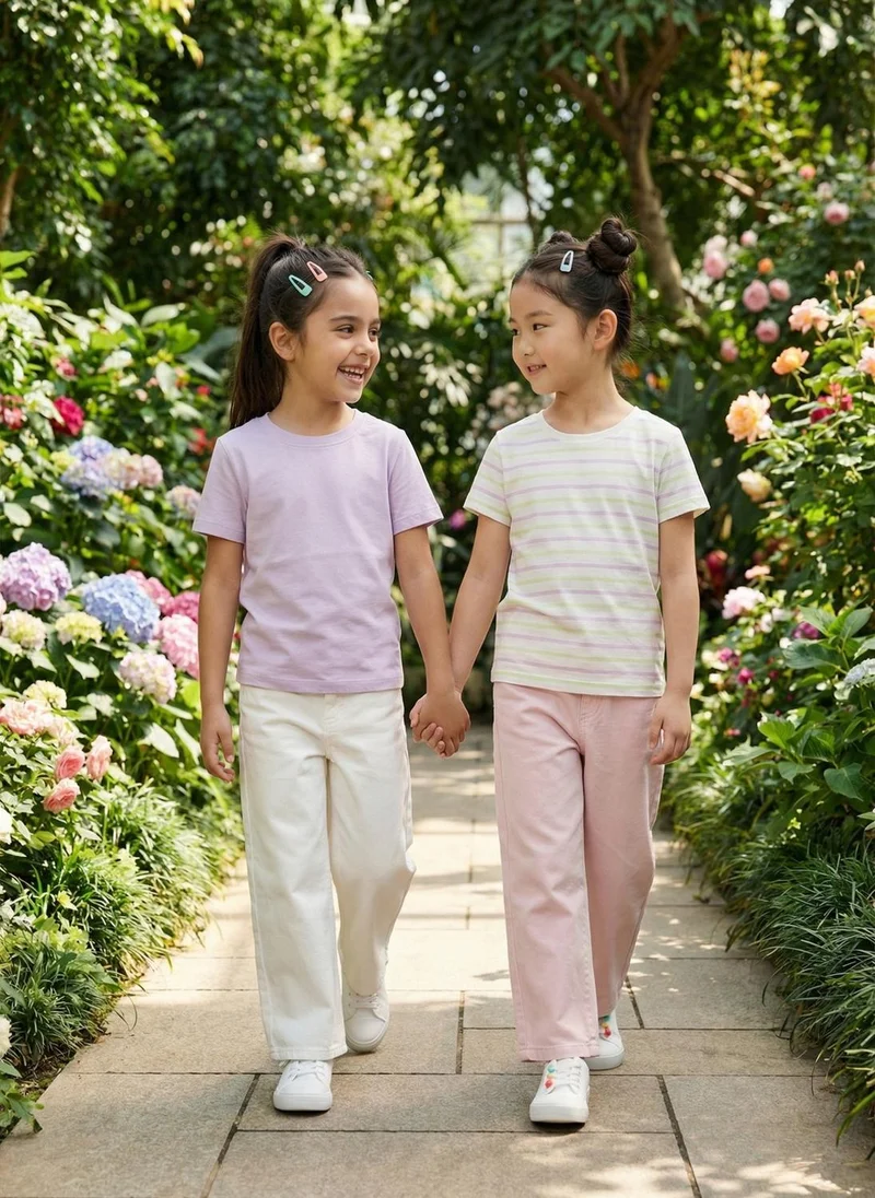 Nautinati Nautinati Girls' 100% Cotton Pack of 2 Solid and striped Essentials Crew Neck T-shirts
