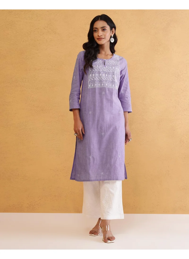 Fabindia Purple Cotton Chikankari Knee Length Kurta