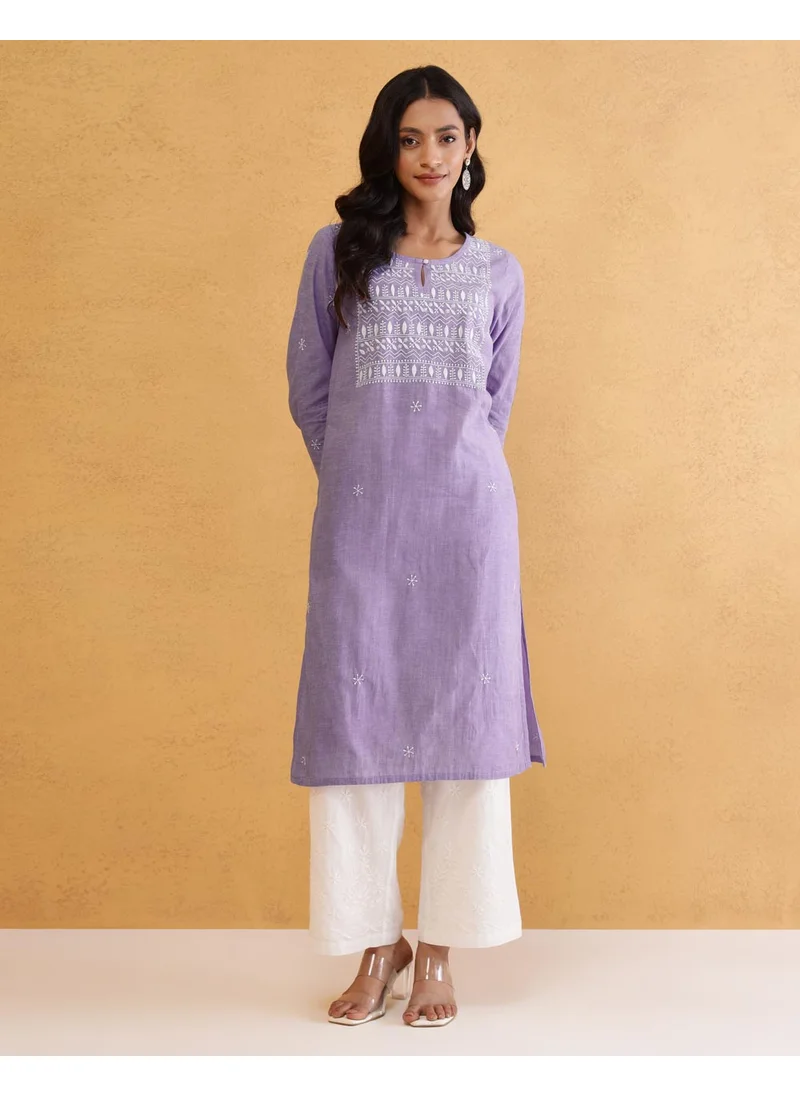 Fabindia Purple Cotton Chikankari Knee Length Kurta