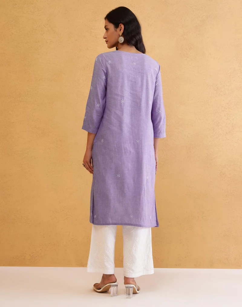Fabindia Purple Cotton Chikankari Knee Length Kurta