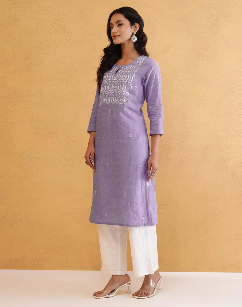 Fabindia Purple Cotton Chikankari Knee Length Kurta