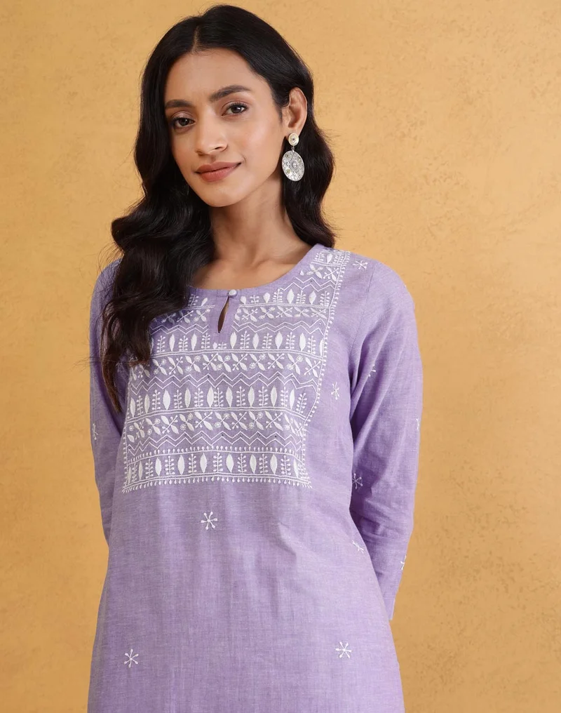 Fabindia Purple Cotton Chikankari Knee Length Kurta