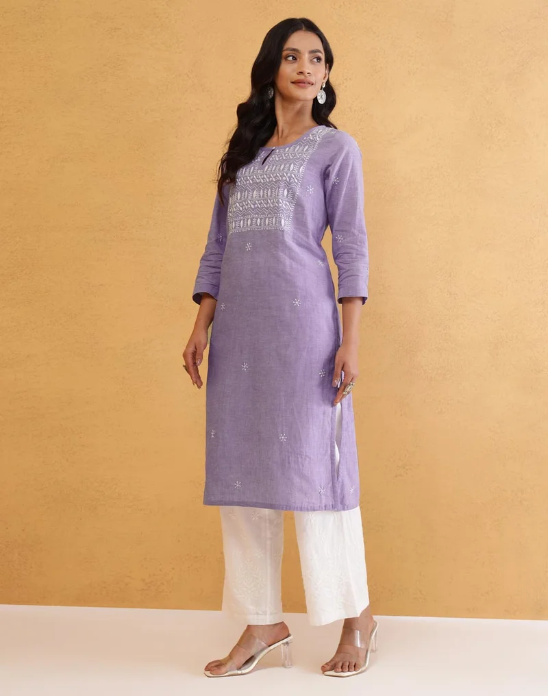 Fabindia Purple Cotton Chikankari Knee Length Kurta
