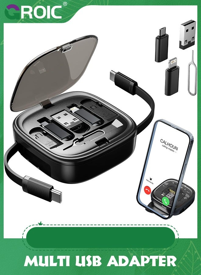 GROIC Black Multi USB Adapter Retractable Charging Cable Kit, USB C to Lighting Adapter, USB-A & Type-C to Type C/Micro/Lighting, Data Transfer, Card Storage Box with Phone Holder