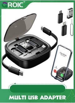 GROIC Black Multi USB Adapter Retractable Charging Cable Kit, USB C to Lighting Adapter, USB-A & Type-C to Type C/Micro/Lighting, Data Transfer, Card Storage Box with Phone Holder  - Image 1